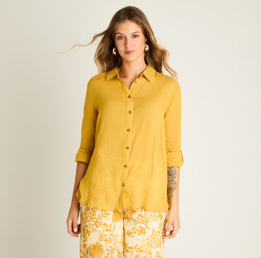 Camisa de Lino Mujer - Blusa Casual de Manga Ajustable- Talla Grande