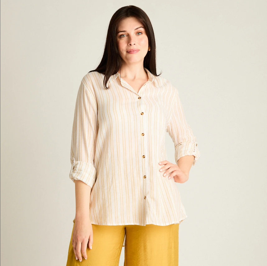 Camisa de Lino Mujer - Blusa Casual de Manga Ajustable- Talla Grande