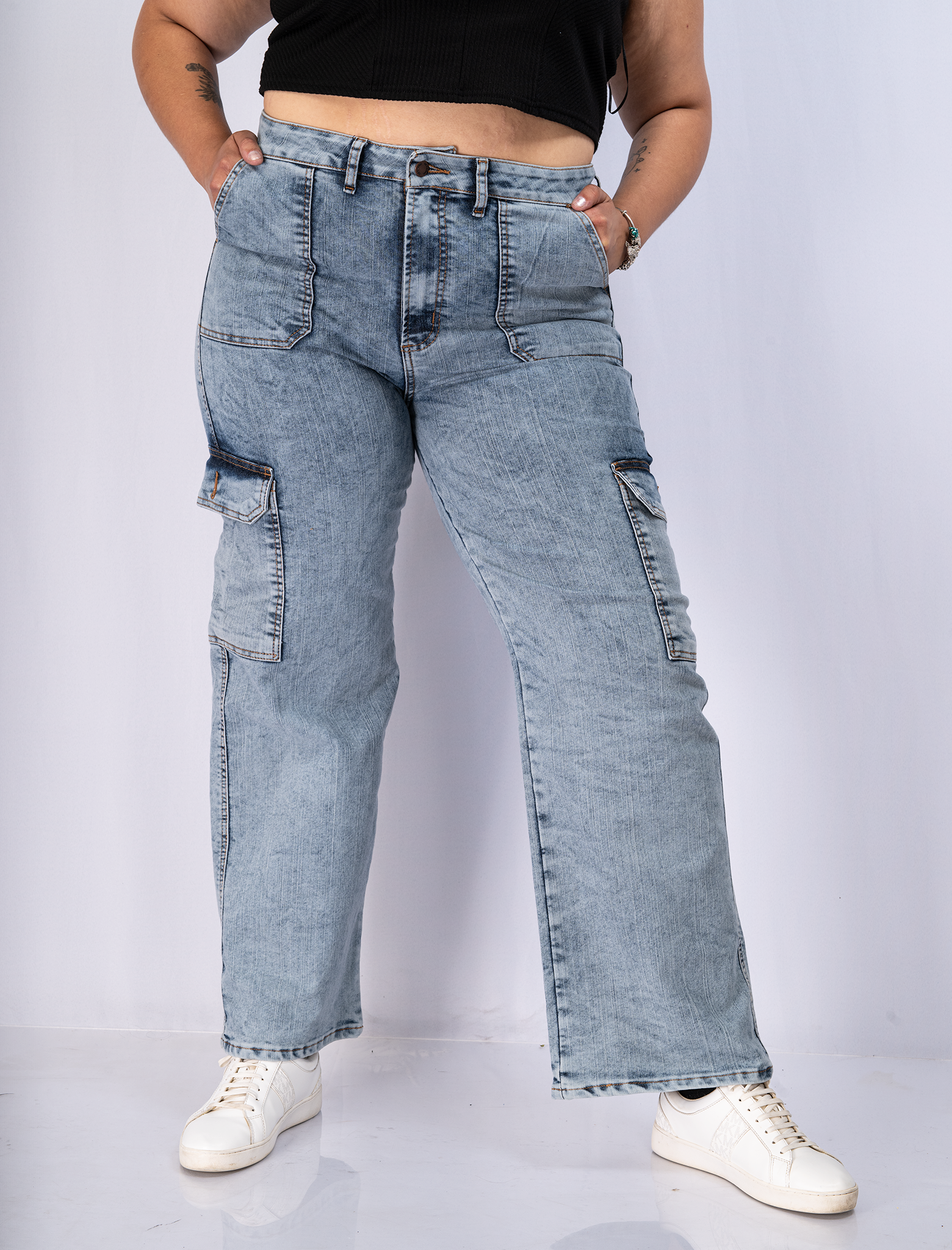 Jeans Mujer Tiro Alto Curvy – Estilo Cargo- Tallas Grandes