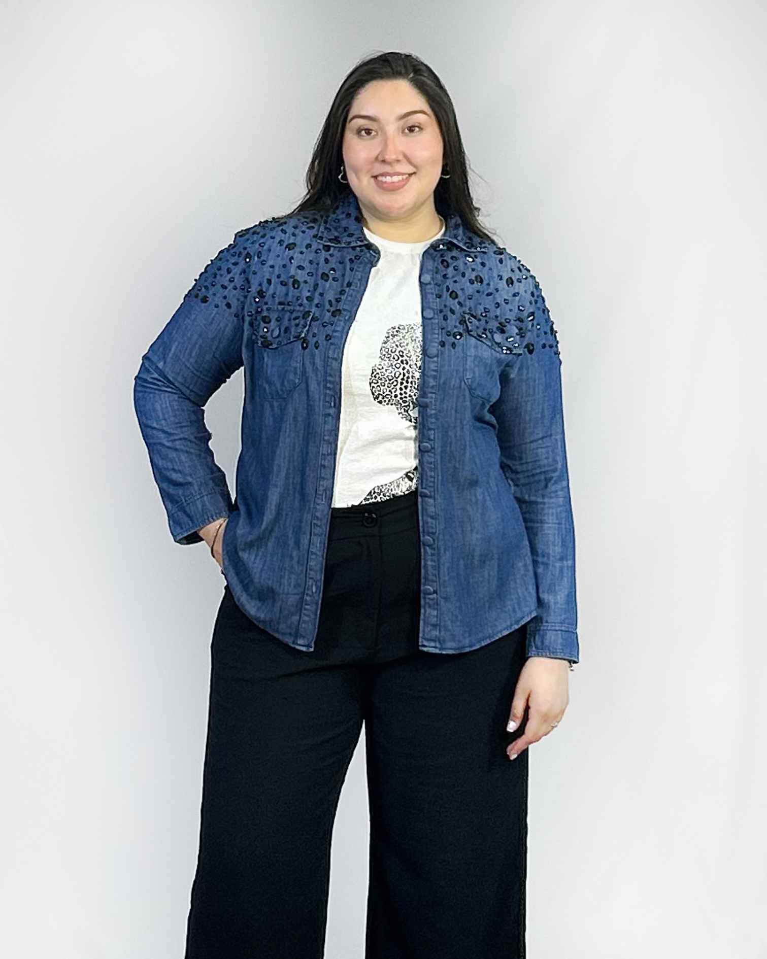 Camisa de Mezclilla Mujer| Brillo Cristales| Talla 44