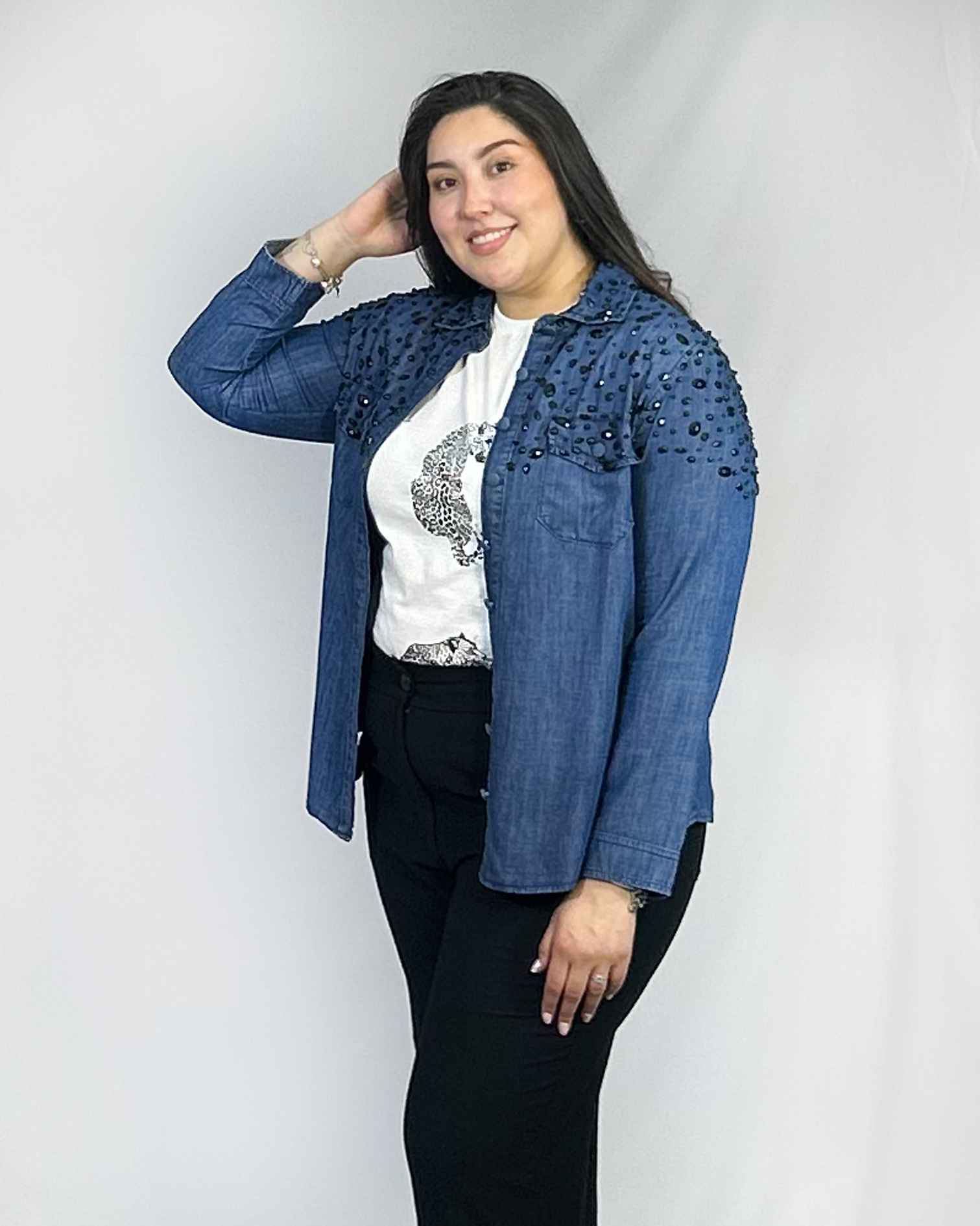 Camisa de Mezclilla Mujer| Brillo Cristales| Talla 44