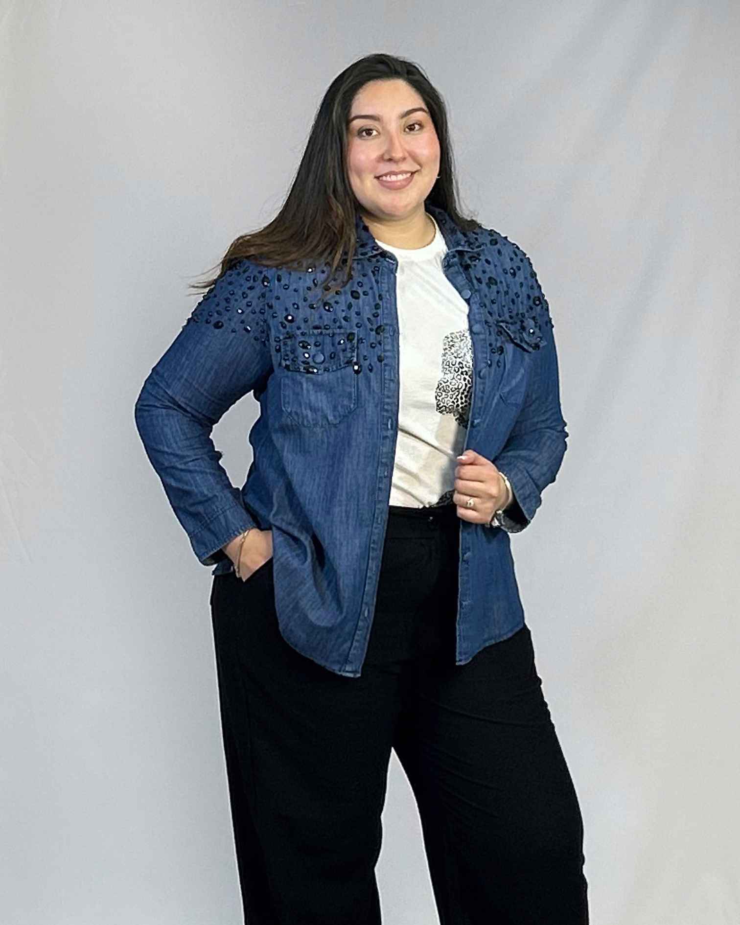 Camisa de Mezclilla Mujer| Brillo Cristales| Talla 44