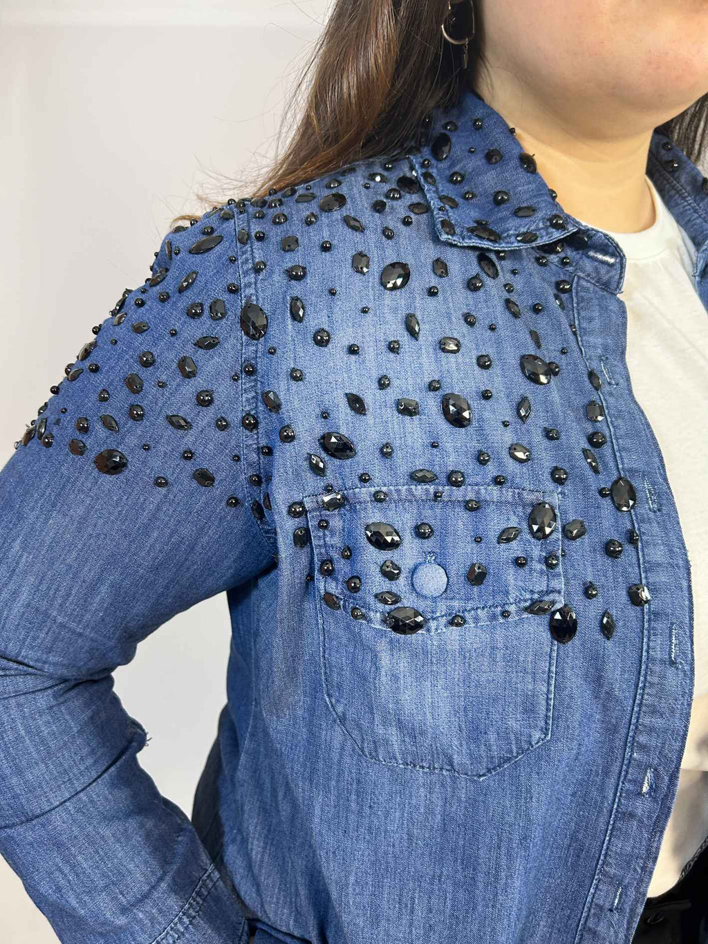 Camisa de Mezclilla Mujer| Brillo Cristales| Talla 44