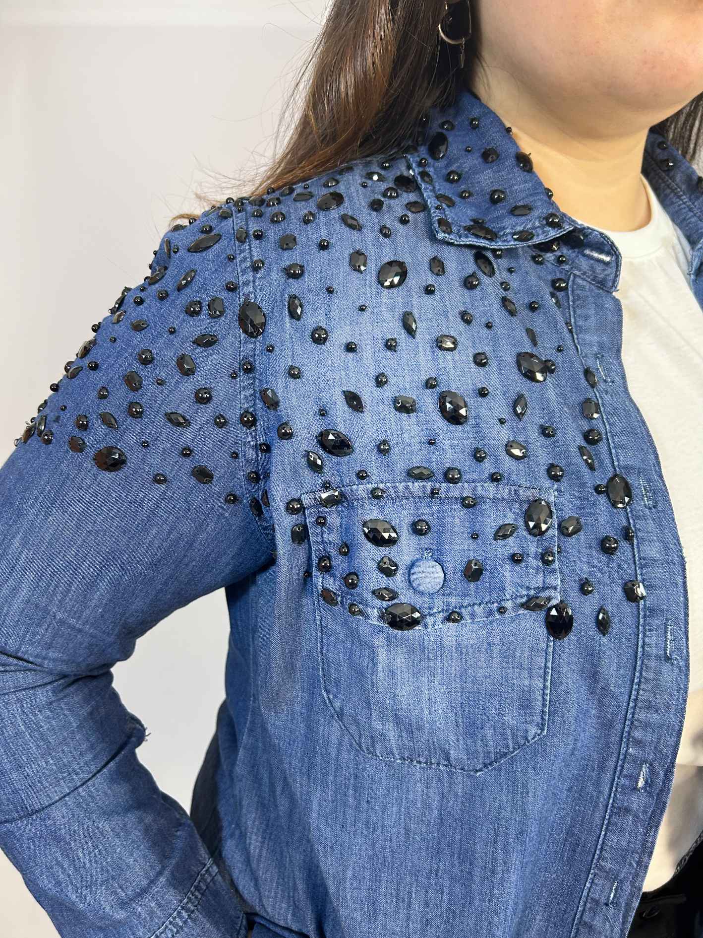 Camisa de Mezclilla Mujer| Brillo Cristales| Talla 44