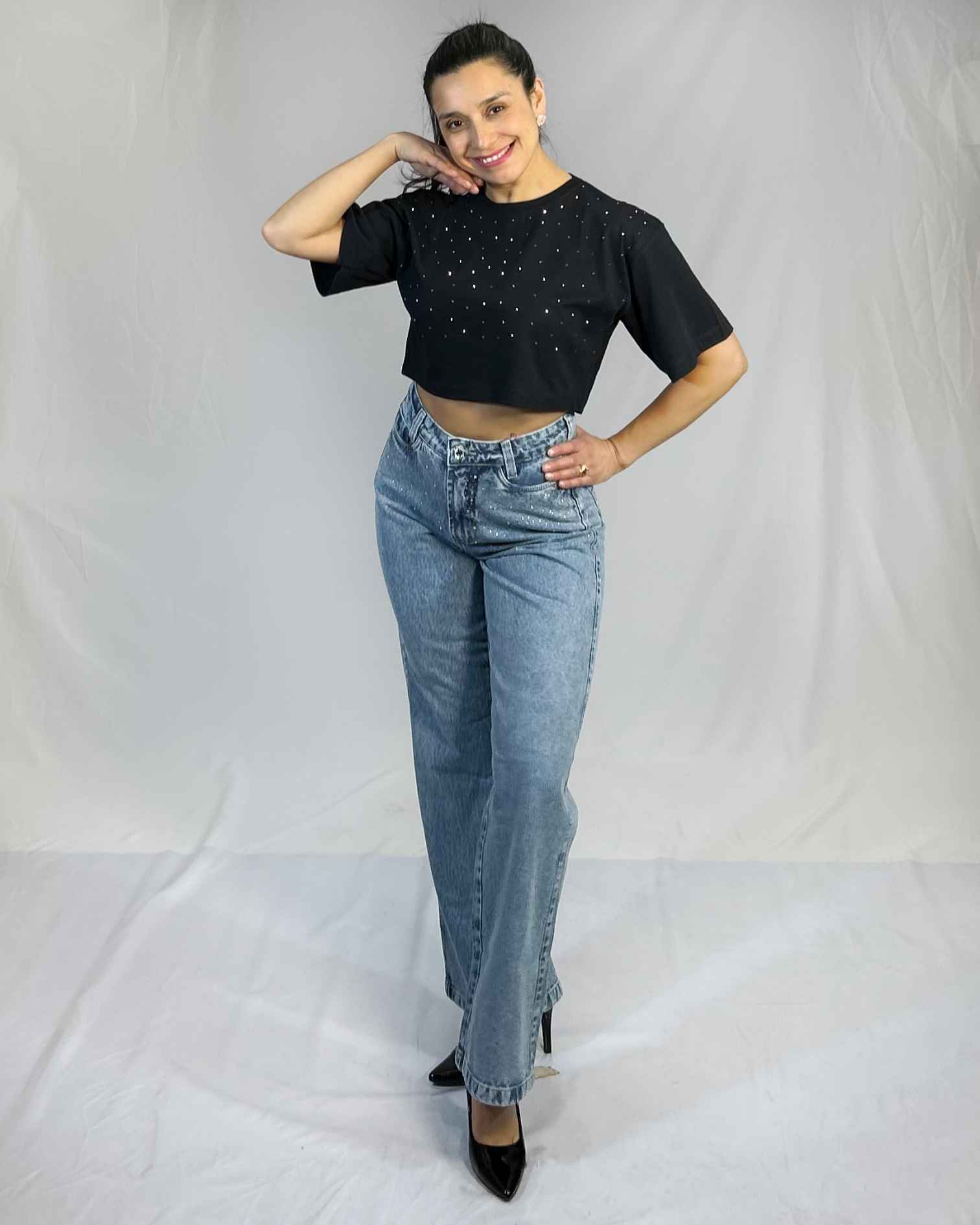 Jeans Wide Leg Brillo Celeste Tiro Alto Mujer| Push-Up