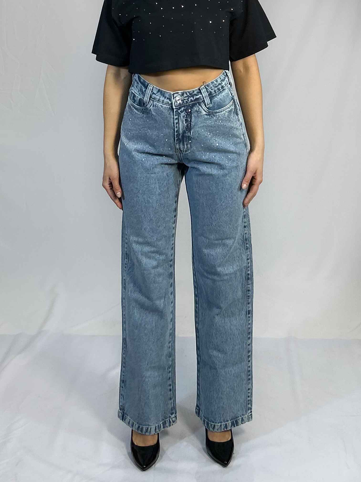 Jeans Wide Leg Brillo Celeste Tiro Alto Mujer| Push-Up