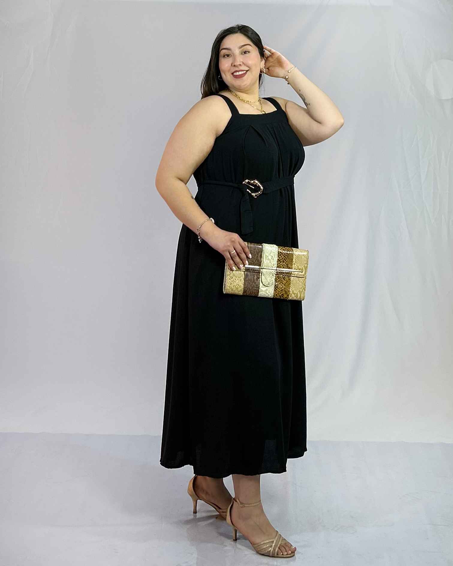 Vestido Largo Negro Cinto Mujer| Talla Grandes Elegante