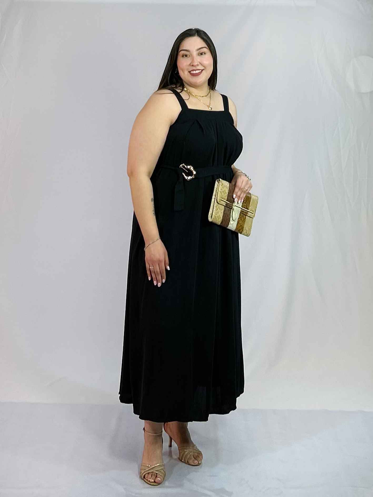 Vestido Largo Negro Cinto Mujer| Talla Grandes Elegante