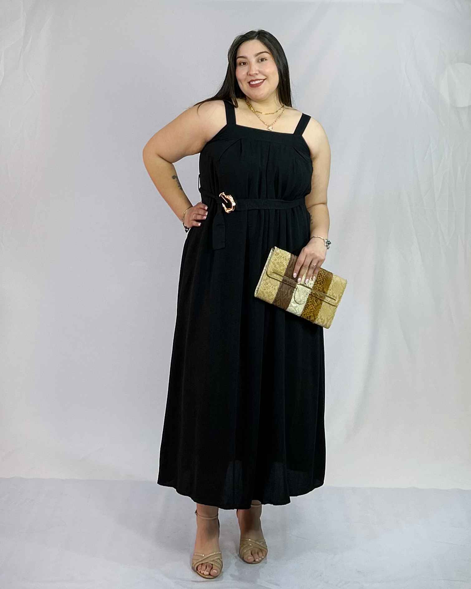 Vestido Largo Negro Cinto Mujer| Talla Grandes Elegante